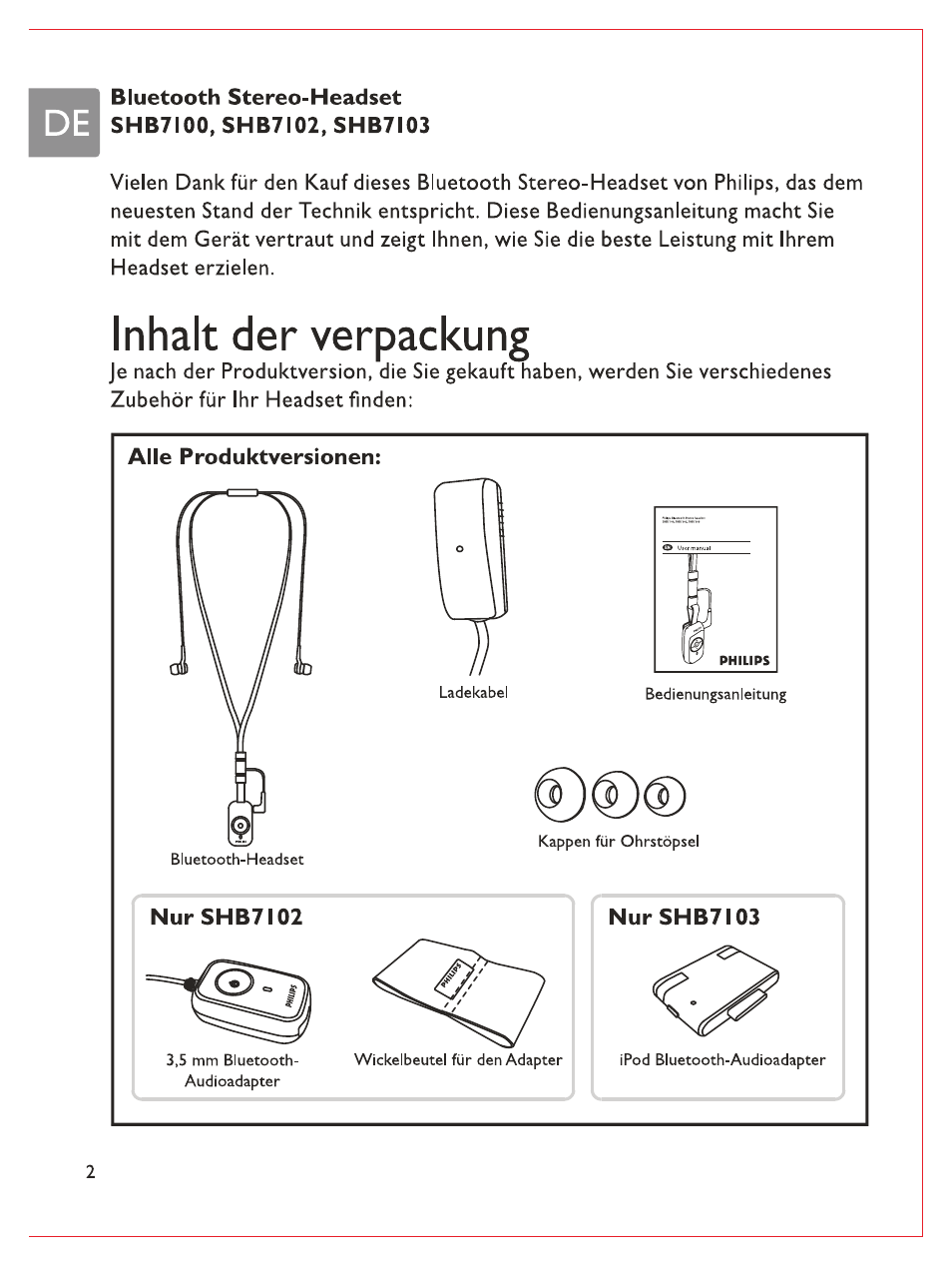 Bluetooth stereo-headset shb7i00, shb7i02, shb7i03, Inhalt der verpackung, Alle produktversionen | Philips Bluetooth-Stereo-Headset User Manual | Page 21 / 107