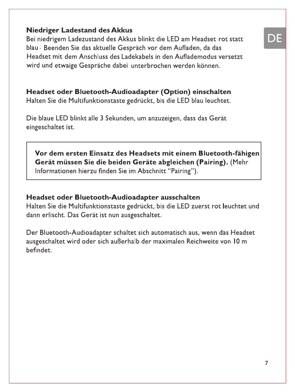 Niedriger ladestand des akkus, Headset oder bluetooth-audioadapter ausschalten | Philips Bluetooth-Stereo-Headset User Manual | Page 26 / 107