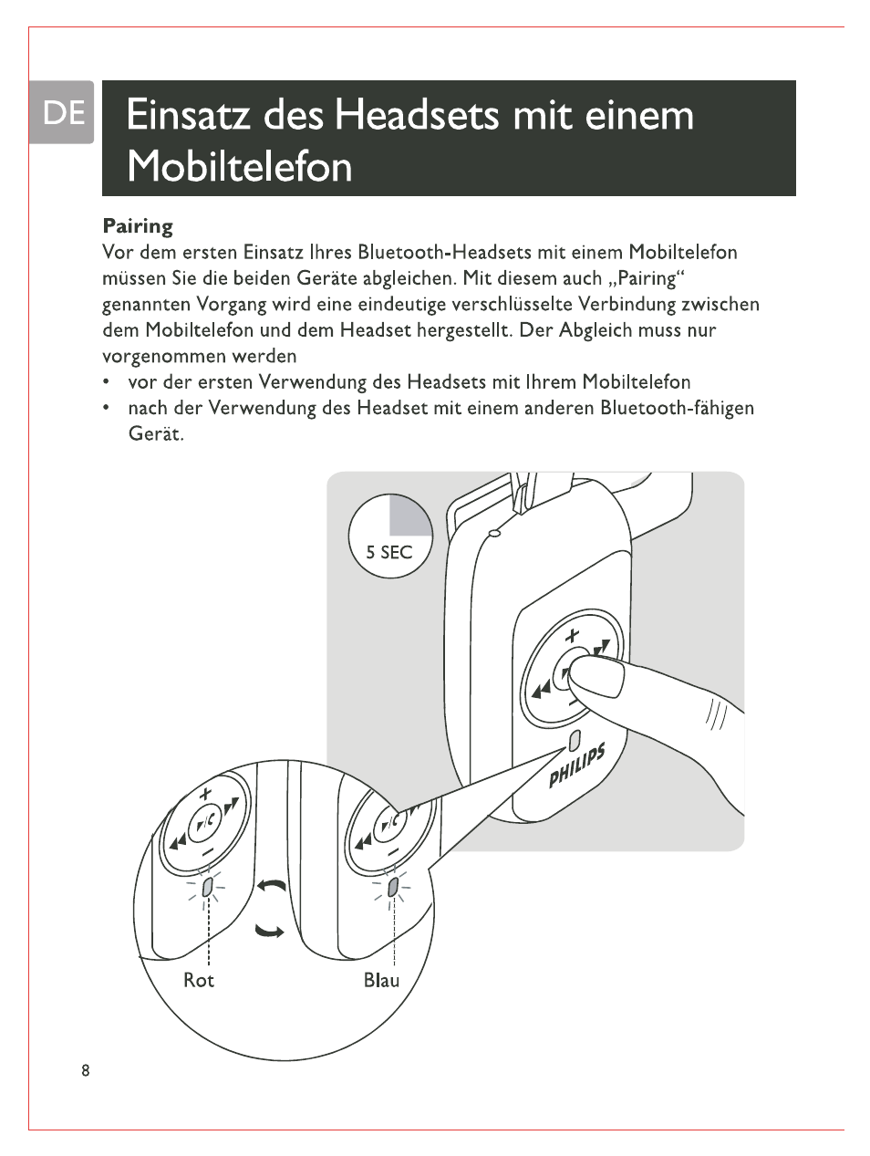 De i einsatz des headsets mit einem mobiltelefon, Pairing | Philips Bluetooth-Stereo-Headset User Manual | Page 27 / 107