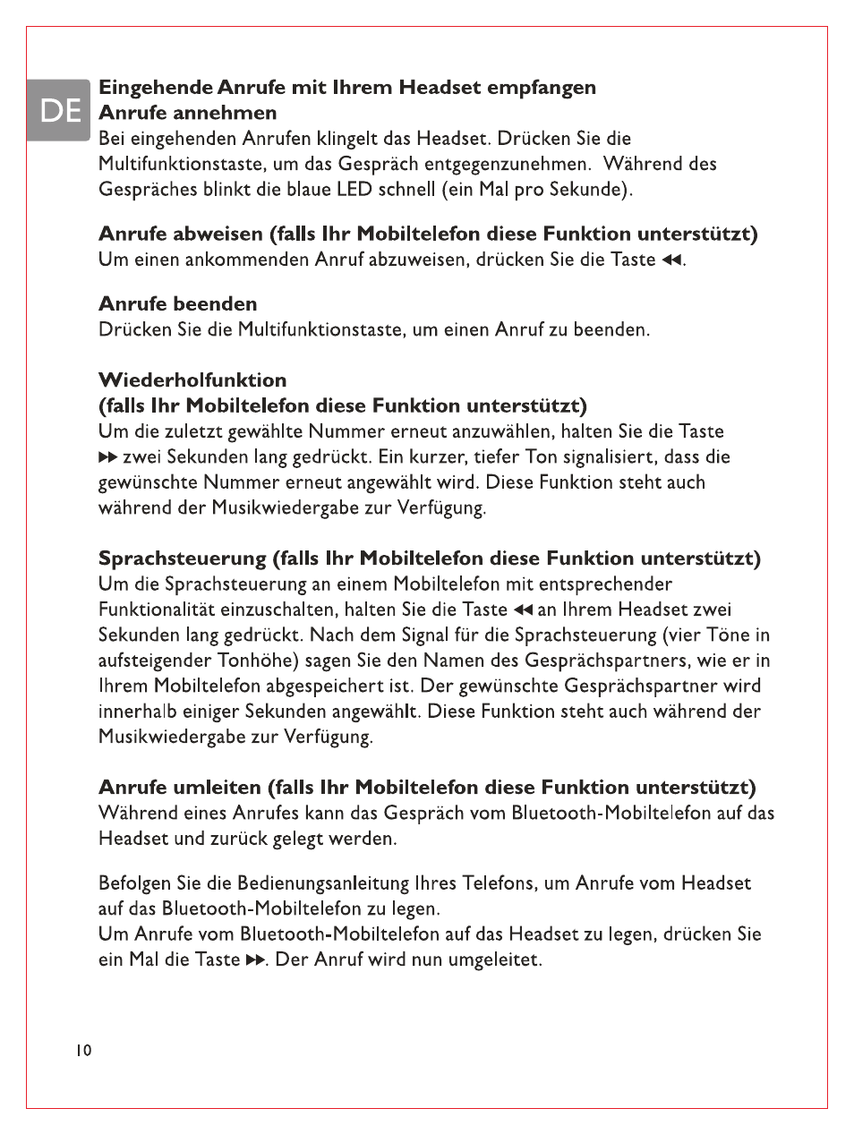 Anrufe beenden, Wiederholfunktion | Philips Bluetooth-Stereo-Headset User Manual | Page 29 / 107