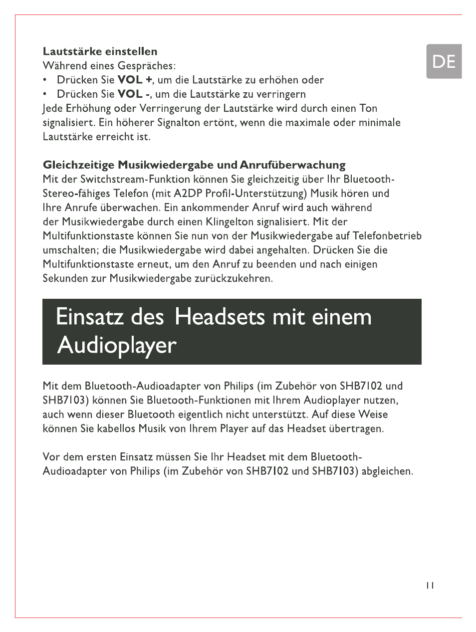 Lautstärke einstellen, Gleichzeitige musikwiedergabe und anrufüberwachung, Einsatz des headsets mit einem audioplayer | Philips Bluetooth-Stereo-Headset User Manual | Page 30 / 107