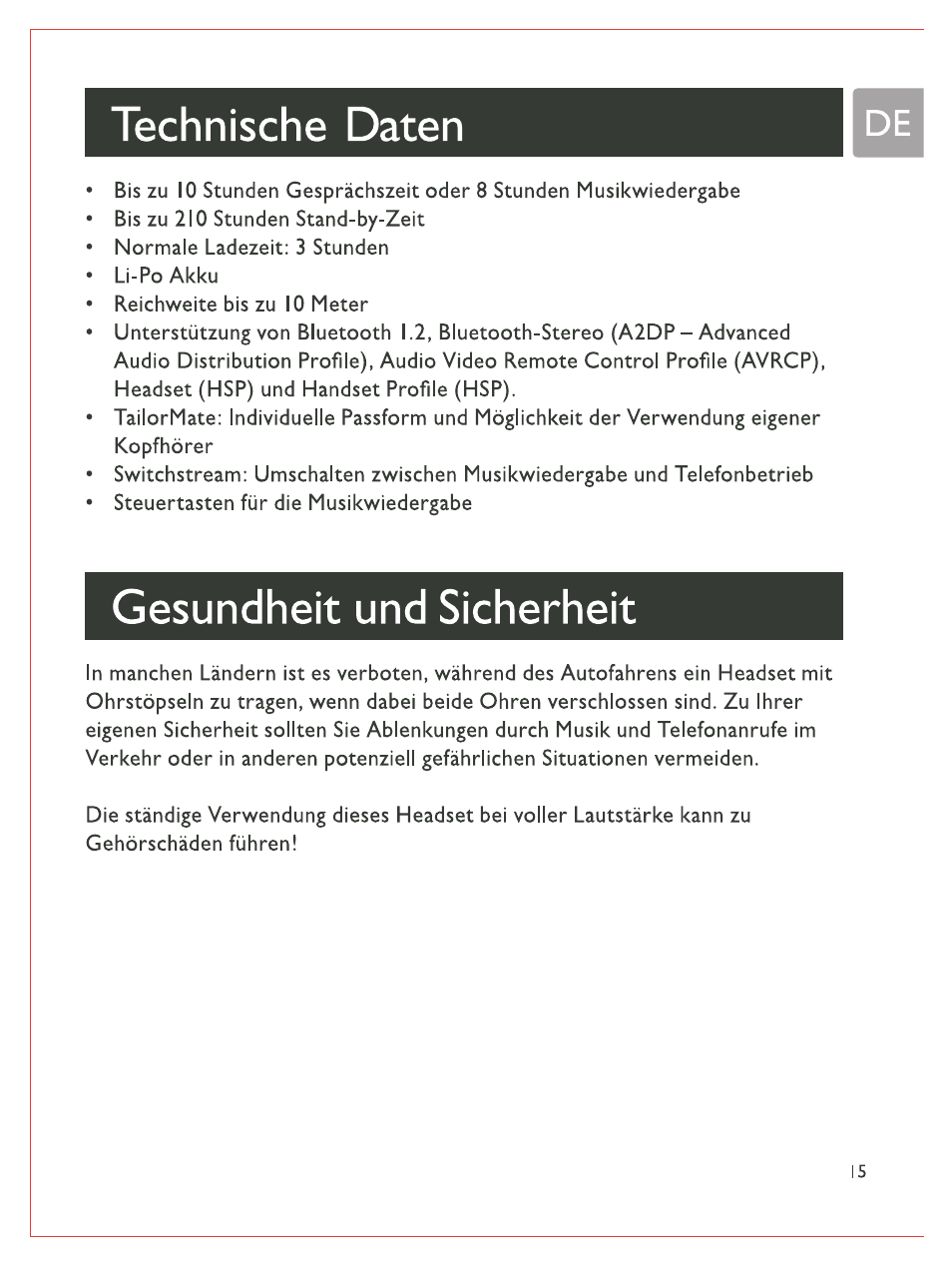 Technische daten, Gesundheit und sicherheit | Philips Bluetooth-Stereo-Headset User Manual | Page 34 / 107
