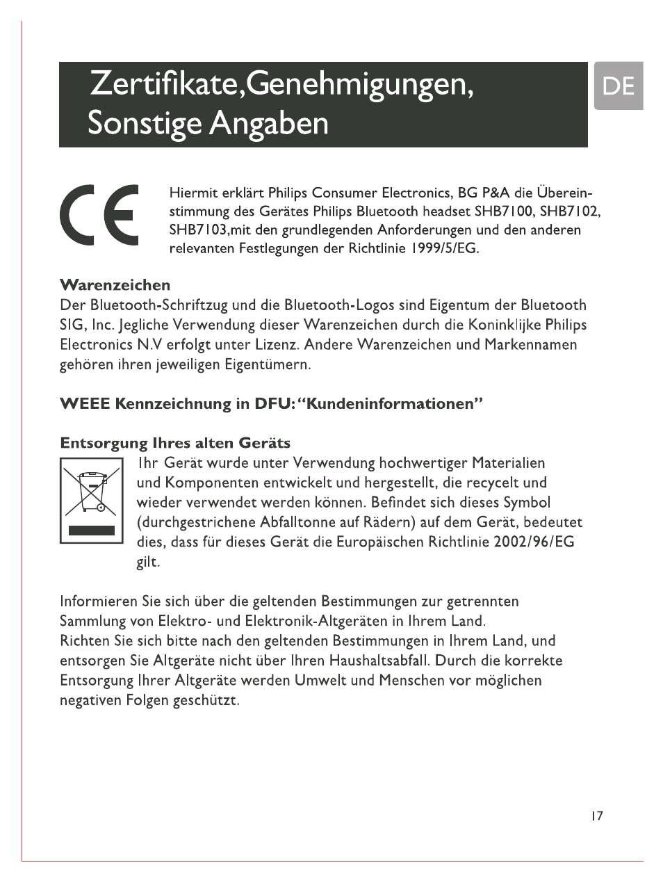 Zertifikate,genehmigungen, sonstige angaben, Warenzeichen, Weee kennzeichnung in dfu:'*kundeninförmationen | Entsorgung ihres alten geräts | Philips Bluetooth-Stereo-Headset User Manual | Page 36 / 107