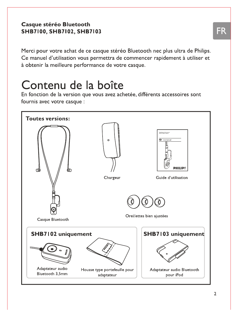 Casque stéréo bluetooth shb7i00, shb7i02, shb7i03, Contenu de la boîte, Toutes versions | Philips Bluetooth-Stereo-Headset User Manual | Page 38 / 107