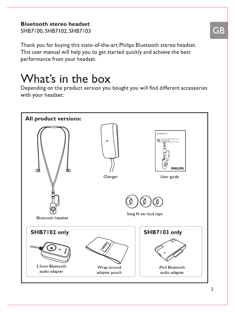 Bluetooth stereo headset i, What’s in the box, All product versions | Philips Bluetooth-Stereo-Headset User Manual | Page 4 / 107