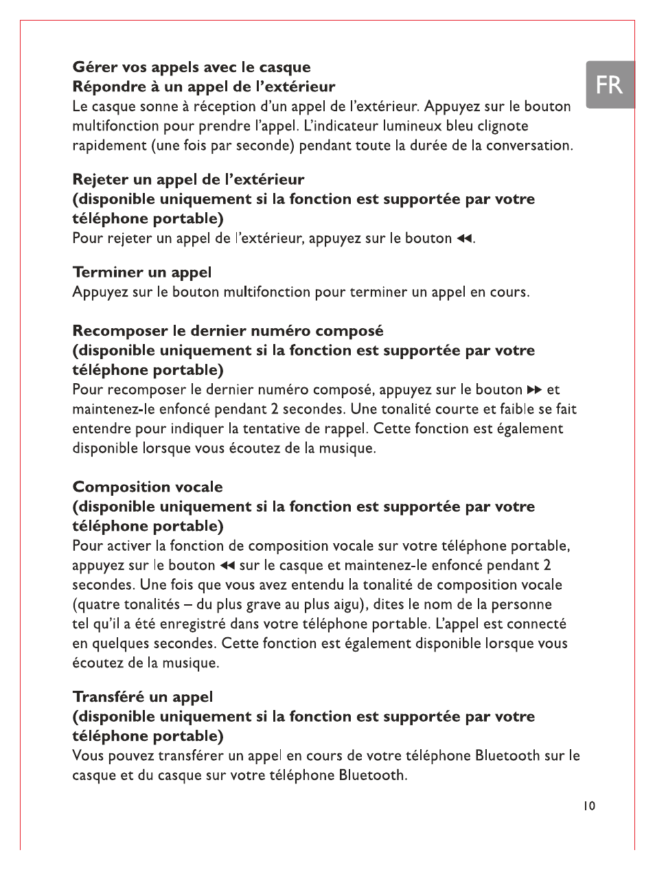 Rejeter un appel de l’extérieur, Terminer un appel, Recomposer le dernier numéro composé | Composition vocale, Transféré un appel | Philips Bluetooth-Stereo-Headset User Manual | Page 46 / 107