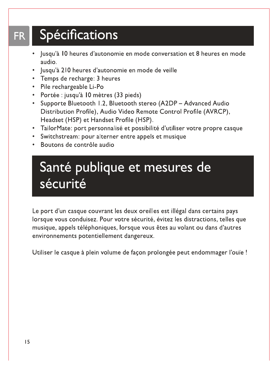 Fr spécifications, Santé publique et mesures de sécurité, Spécifications | Philips Bluetooth-Stereo-Headset User Manual | Page 51 / 107