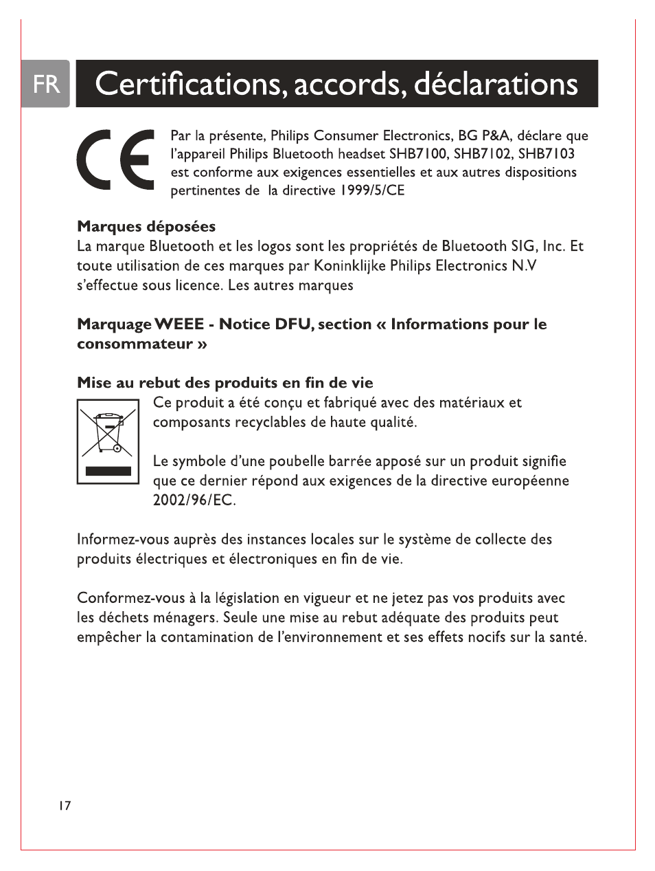 Fr certifications, accords, déclarations, Marques déposées, Mise au rebut des produits en fin de vie | Certifications, accords, déclarations | Philips Bluetooth-Stereo-Headset User Manual | Page 53 / 107