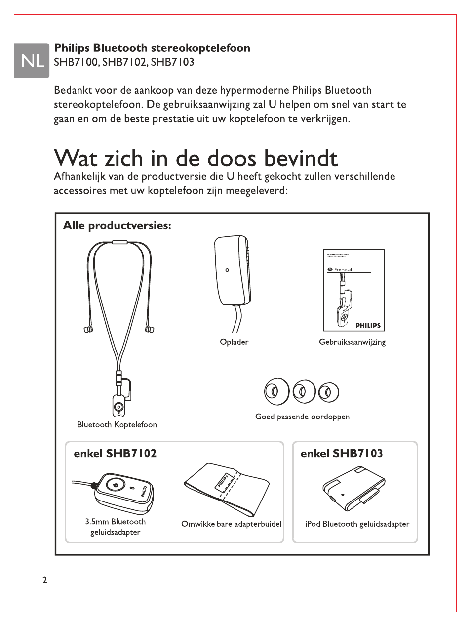 I philips bluetooth stereokoptelefoon, Wat zieh in de doos bevindt, Alle productversies | Philips Bluetooth-Stereo-Headset User Manual | Page 55 / 107