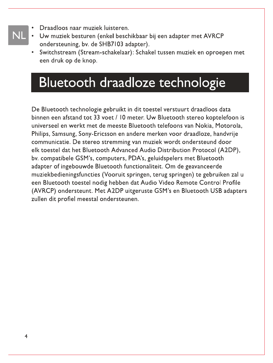 Bluetooth draadloze technologie | Philips Bluetooth-Stereo-Headset User Manual | Page 57 / 107