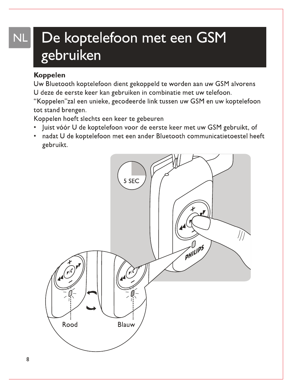 Nl| de koptelefoon met een gsm gebruiken, Koppelen, De koptelefoon met een gsm gebruiken | Philips Bluetooth-Stereo-Headset User Manual | Page 61 / 107