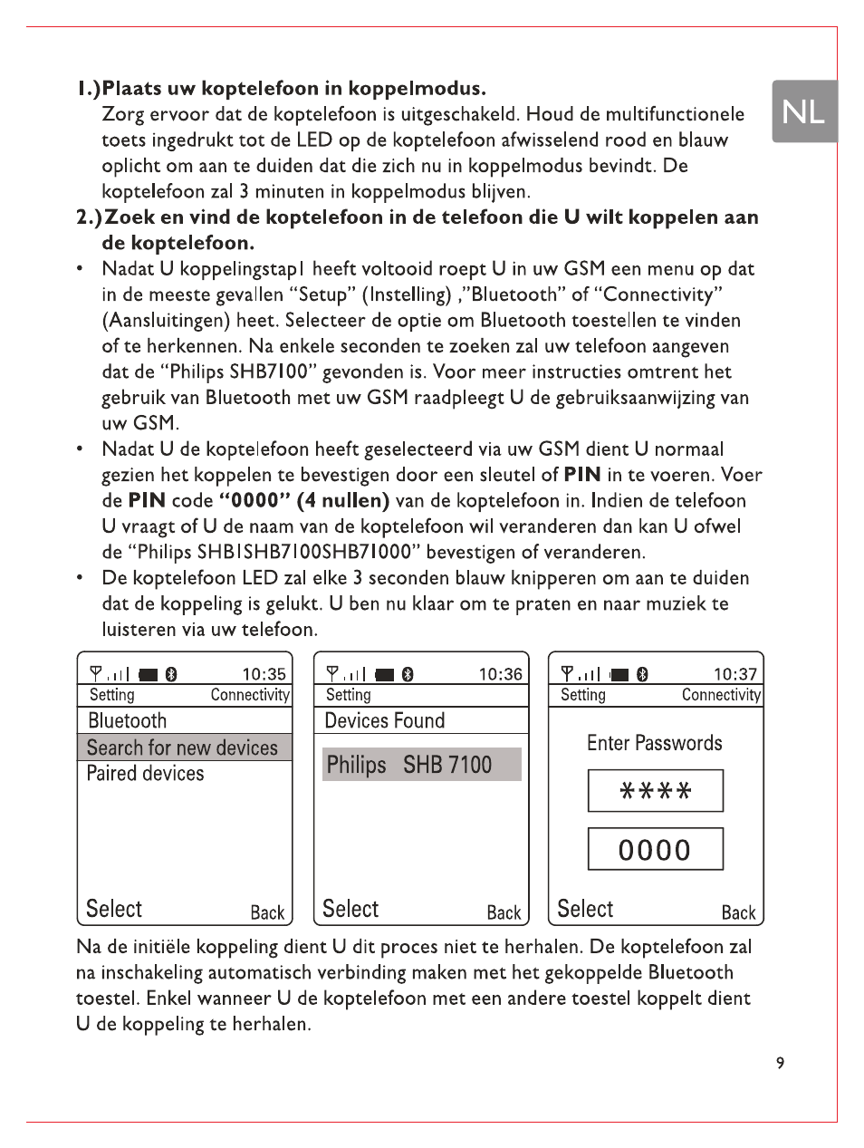 )plaats uw koptelefoon in koppelmodus. i, T.iil wo, Bluetooth | Search for new devices, Paired devices, Select, Y.ill mb, Devices found, Back | Philips Bluetooth-Stereo-Headset User Manual | Page 62 / 107