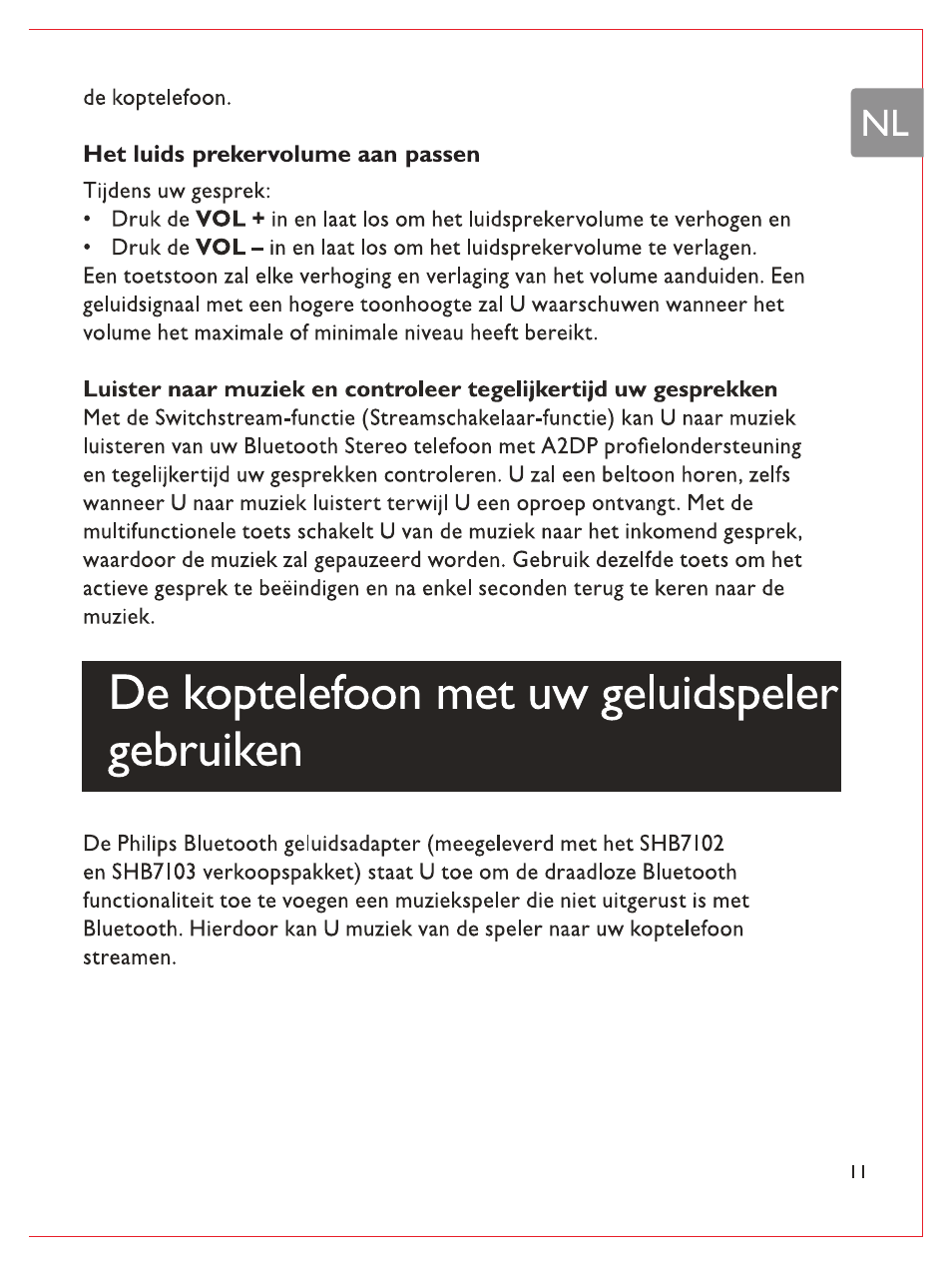 Het luids prekervolume asm passen, De koptelefoon met uw geluidspeler gebruiken | Philips Bluetooth-Stereo-Headset User Manual | Page 64 / 107