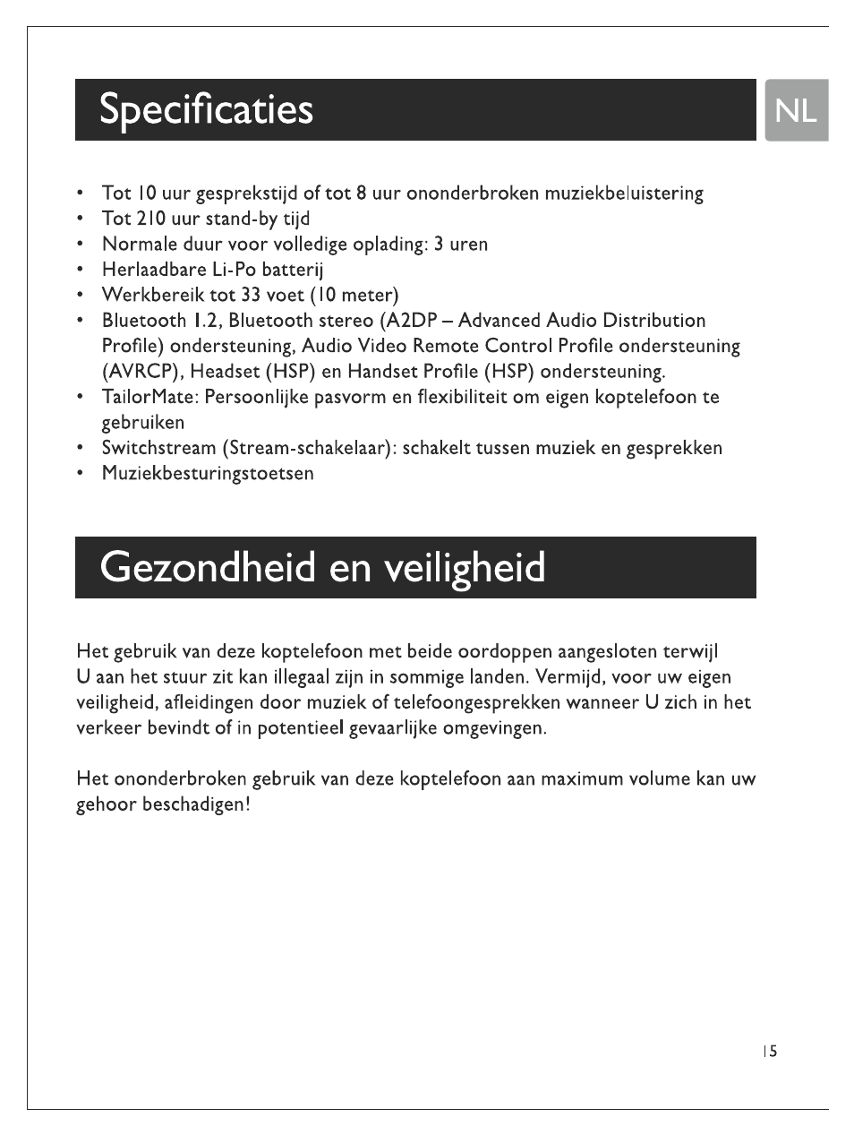 Specifìcaties, Gezondheìd en veìlìgheid | Philips Bluetooth-Stereo-Headset User Manual | Page 68 / 107