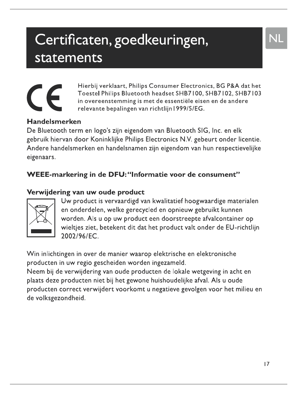 Certificaten, goedkeu ringen, statements, Handelsmerken, Verwijdering van uw oude product | Philips Bluetooth-Stereo-Headset User Manual | Page 70 / 107