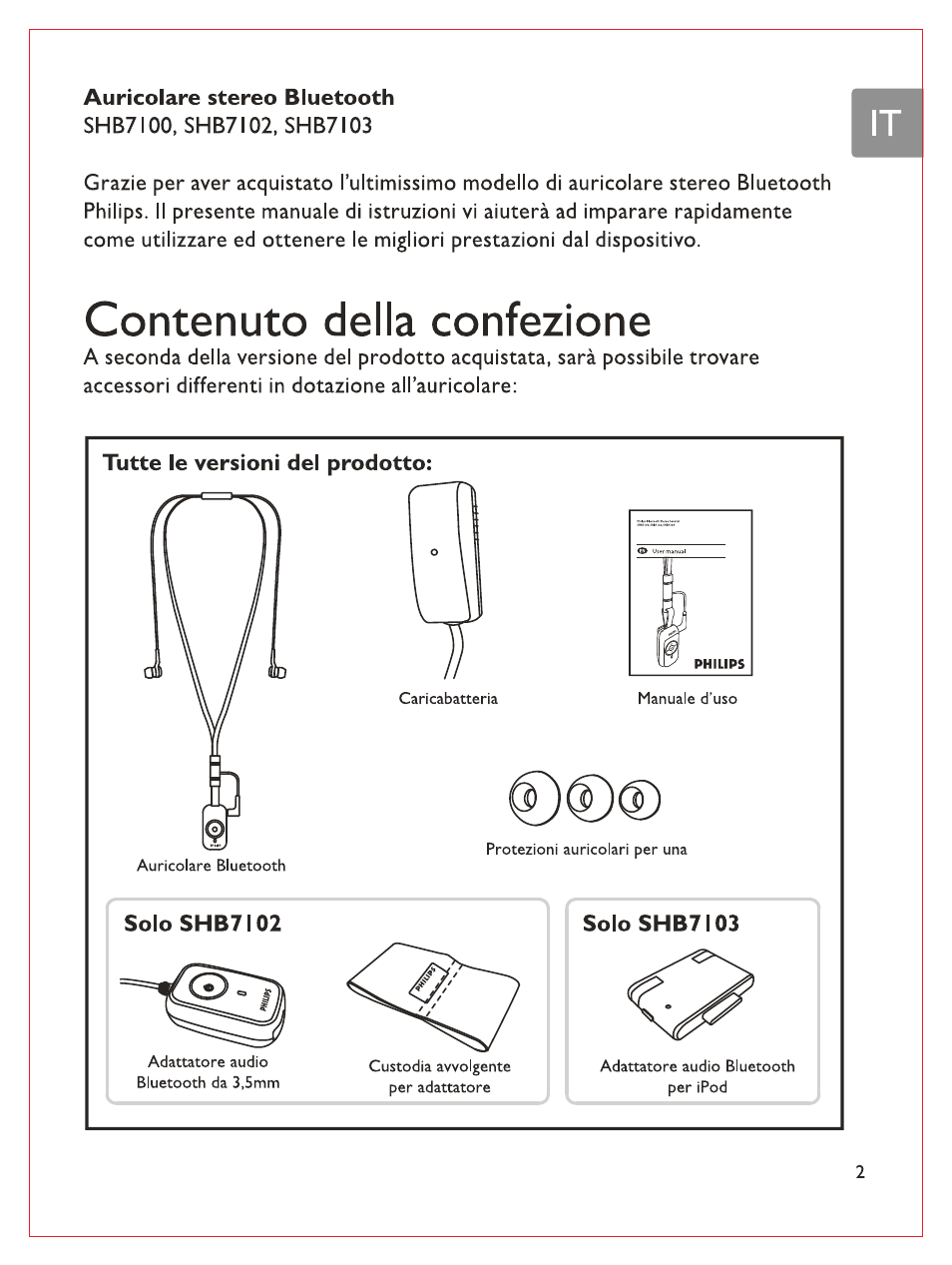 Contenuto della confezione, Tutte le versioni del prodotto | Philips Bluetooth-Stereo-Headset User Manual | Page 72 / 107