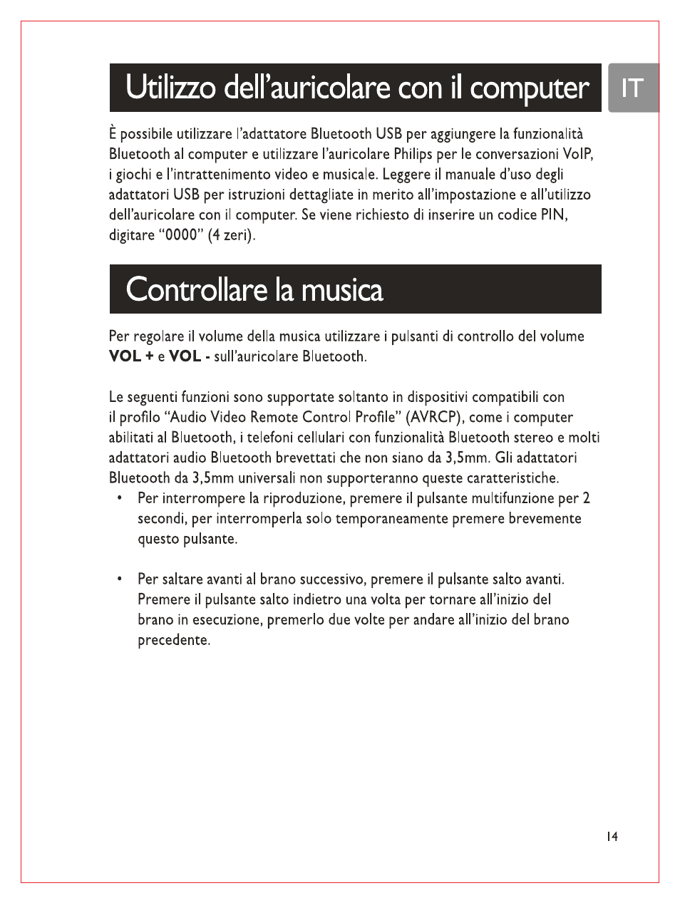 Utilizzo deh’auricolare con il computer i it, Controllare la musica, Utilizzo deh’auricolare con il computer | Philips Bluetooth-Stereo-Headset User Manual | Page 84 / 107