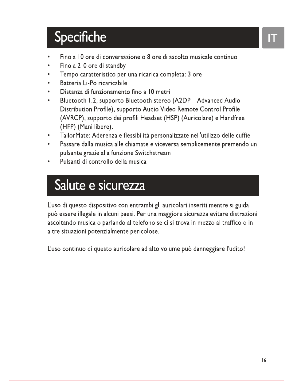 Specifiche, Salute e sicurezza | Philips Bluetooth-Stereo-Headset User Manual | Page 86 / 107