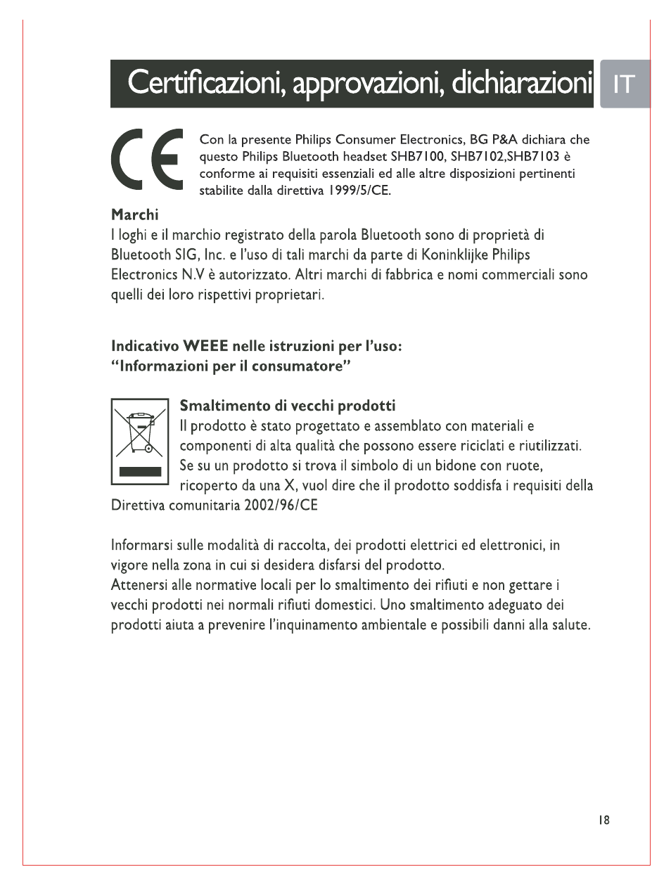 Certificazioni, approvazioni, dichiarazionii it, Marchi, Smaltimento di vecchi prodotti | Certificazioni, approvazioni, dichiarazionii | Philips Bluetooth-Stereo-Headset User Manual | Page 88 / 107