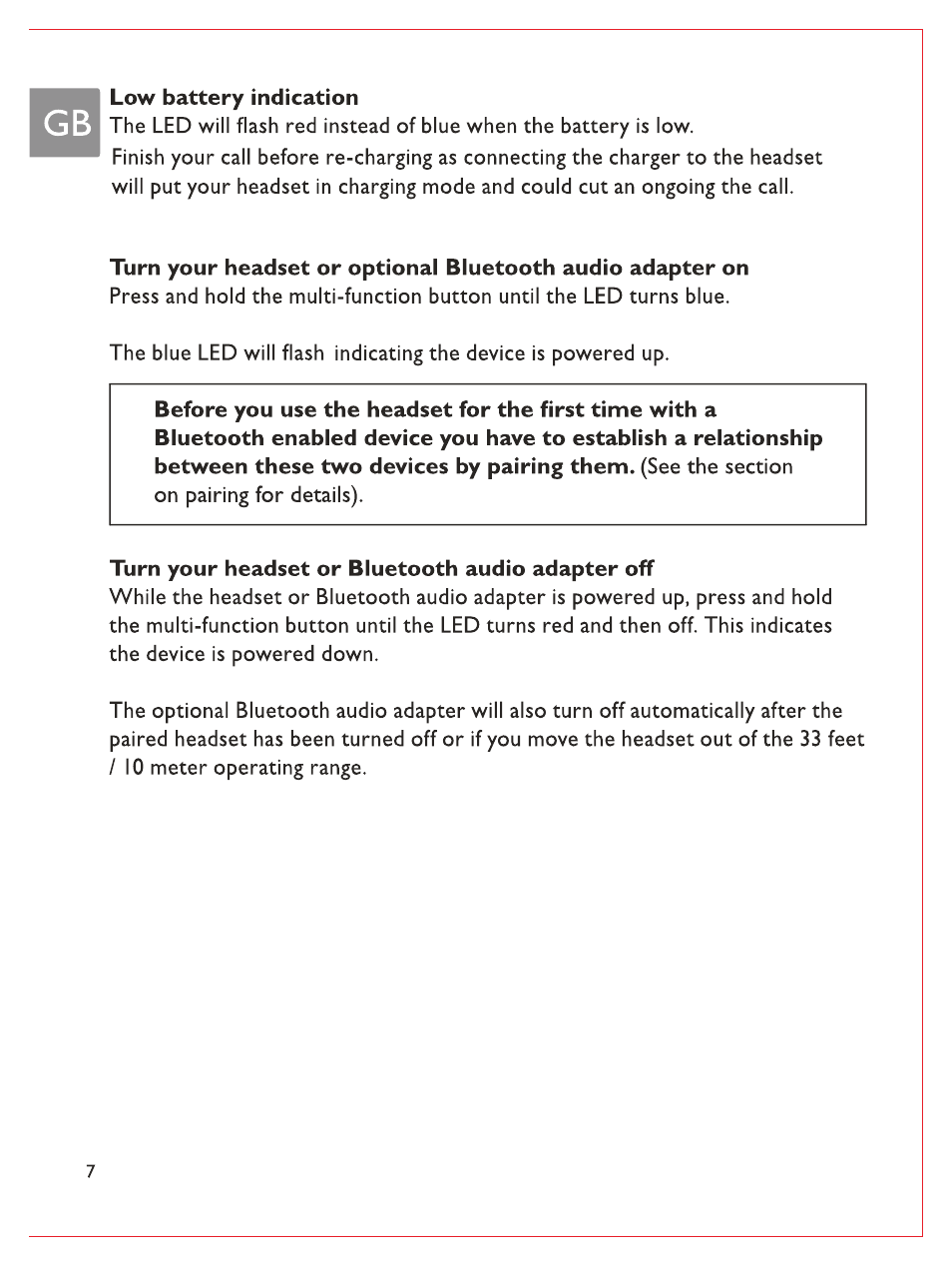 I low battery indication, Turn your headset or bluetooth audio adapter off | Philips Bluetooth-Stereo-Headset User Manual | Page 9 / 107