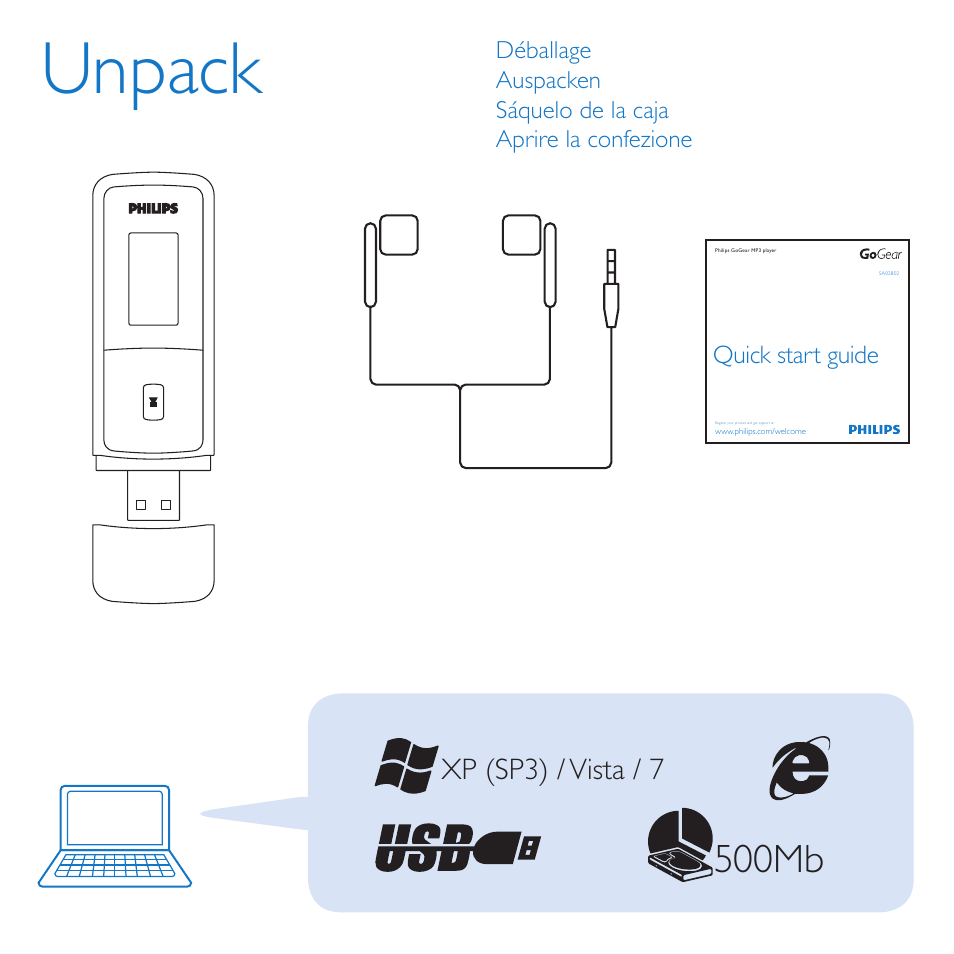 Unpack, 500mb, Xp (sp3) / vista / 7 | Philips GoGEAR MP3-Player User Manual | Page 2 / 10