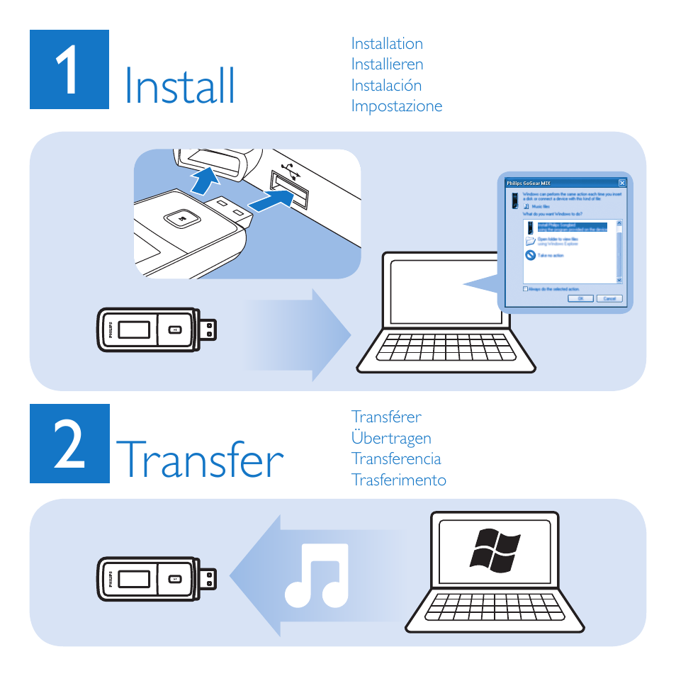 Install, Transfer | Philips GoGEAR MP3-Player User Manual | Page 3 / 10