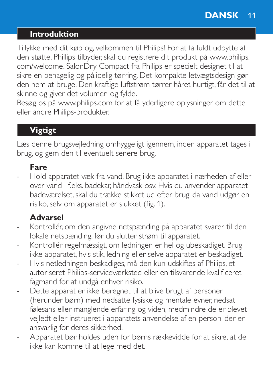 Fare, Advarsel, Dansk | Introduktion, Vigtigt | Philips SalonDry Compact Haartrockner User Manual | Page 11 / 88