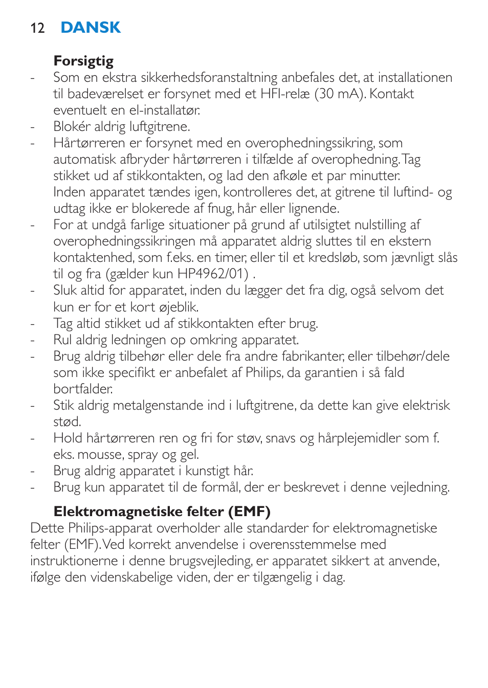 Forsigtig, Elektromagnetiske felter (emf), Generel beskrivelse (fig. 2) | Philips SalonDry Compact Haartrockner User Manual | Page 12 / 88