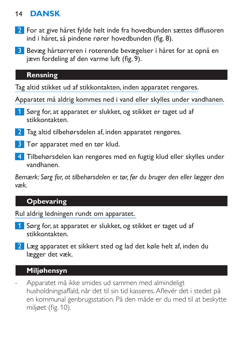 Rensning, Opbevaring, Miljøhensyn | Philips SalonDry Compact Haartrockner User Manual | Page 14 / 88