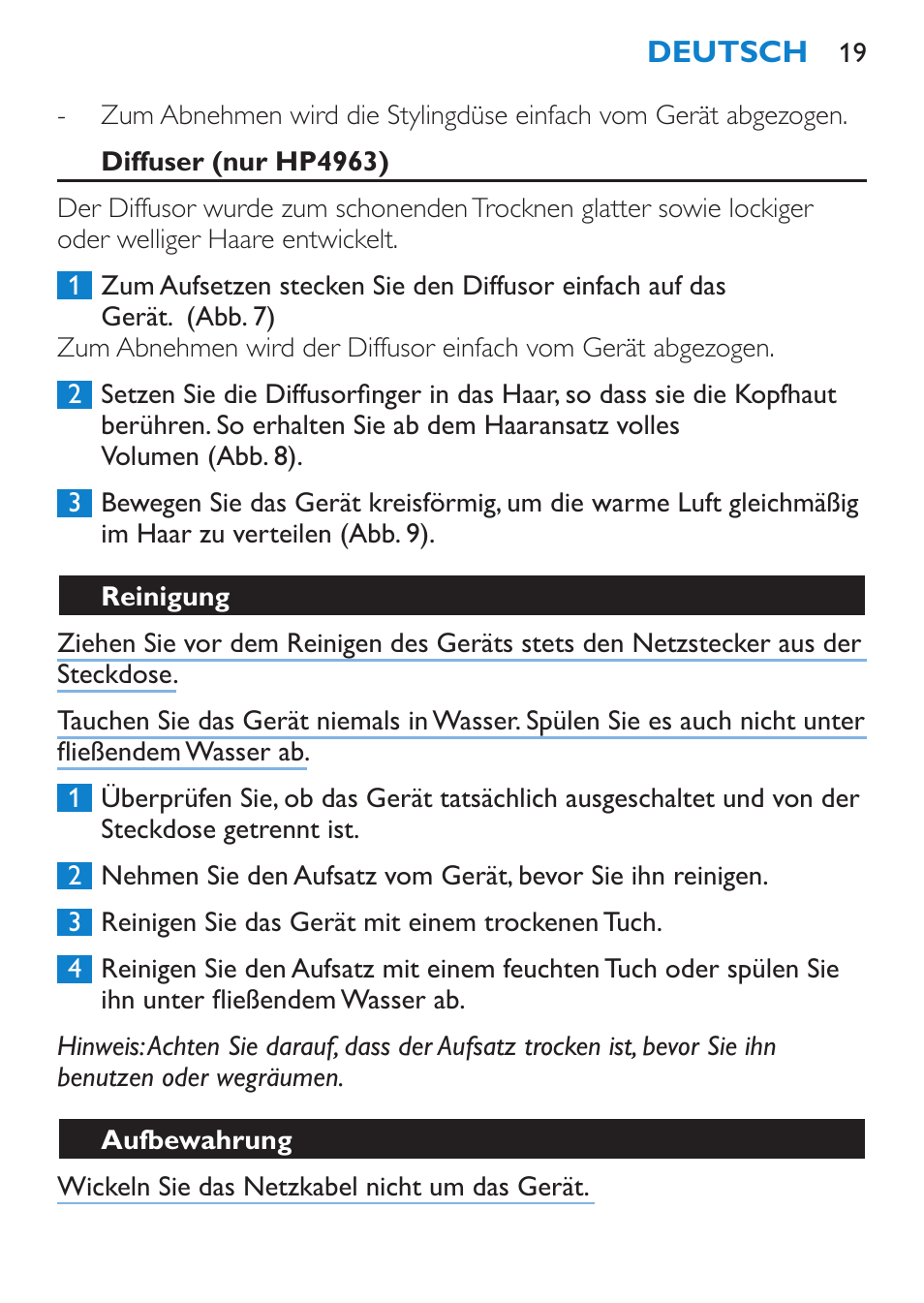 Diffuser (nur hp4963), Reinigung, Aufbewahrung | Philips SalonDry Compact Haartrockner User Manual | Page 19 / 88