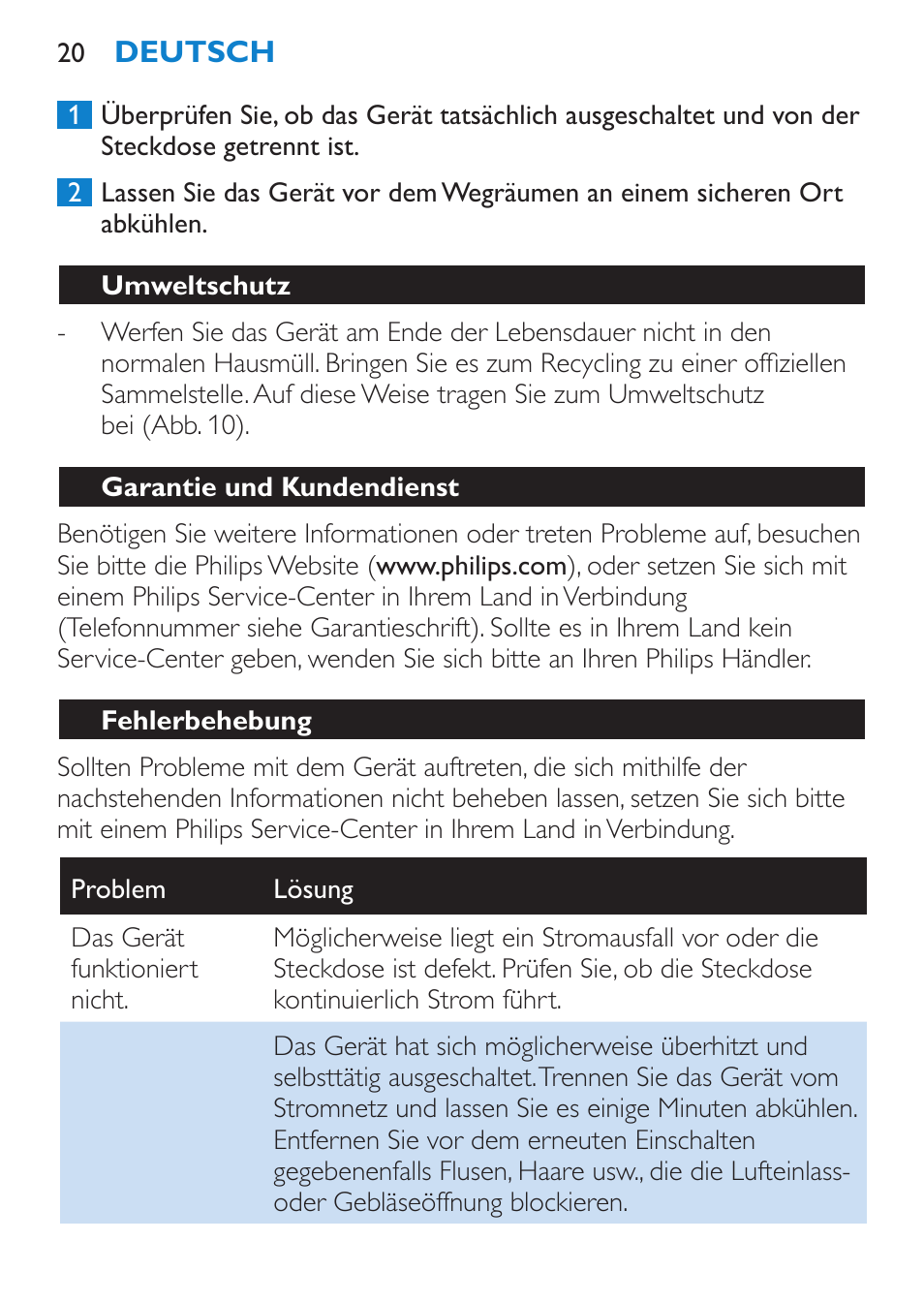 Umweltschutz, Garantie und kundendienst, Fehlerbehebung | Philips SalonDry Compact Haartrockner User Manual | Page 20 / 88