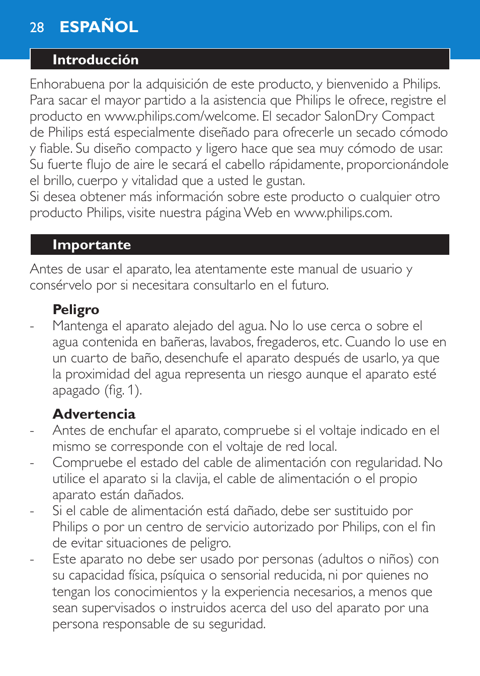 Peligro, Advertencia, Español | Introducción, Importante | Philips SalonDry Compact Haartrockner User Manual | Page 28 / 88