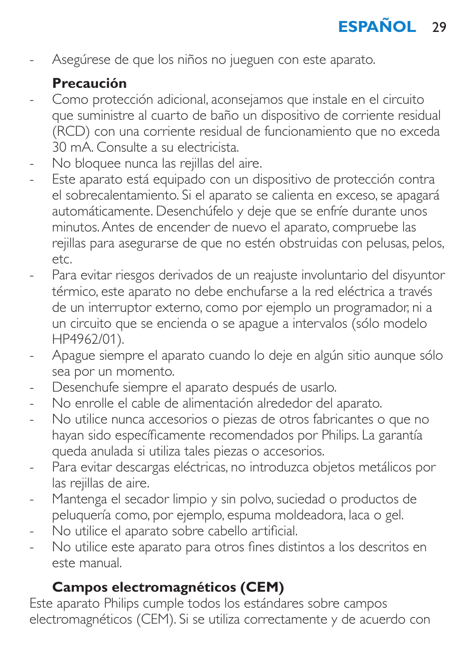 Precaución, Campos electromagnéticos (cem) | Philips SalonDry Compact Haartrockner User Manual | Page 29 / 88