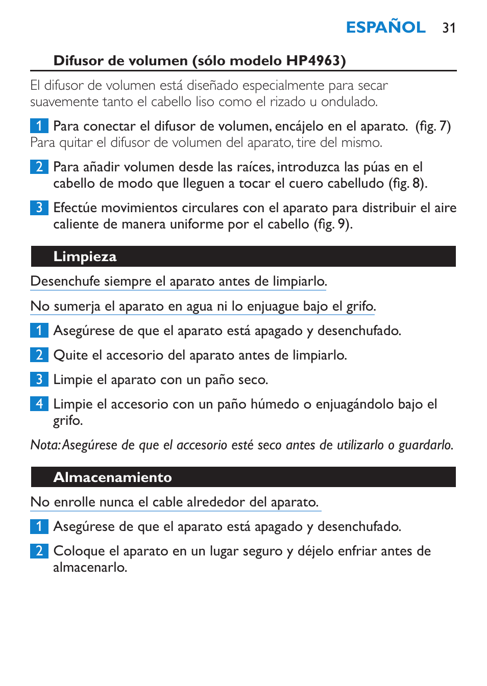 Difusor de volumen (sólo modelo hp4963), Limpieza, Almacenamiento | Philips SalonDry Compact Haartrockner User Manual | Page 31 / 88