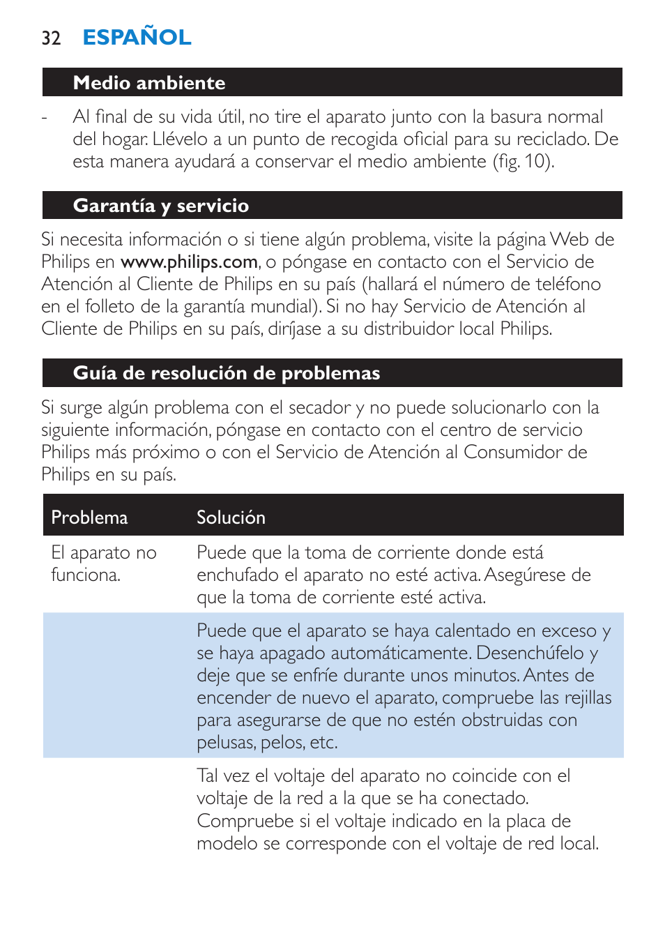 Medio ambiente, Garantía y servicio, Guía de resolución de problemas | Philips SalonDry Compact Haartrockner User Manual | Page 32 / 88