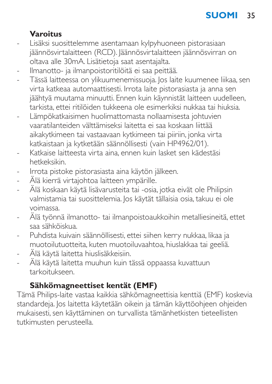 Varoitus, Sähkömagneettiset kentät (emf), Laitteen osat (kuva 2) | Philips SalonDry Compact Haartrockner User Manual | Page 35 / 88