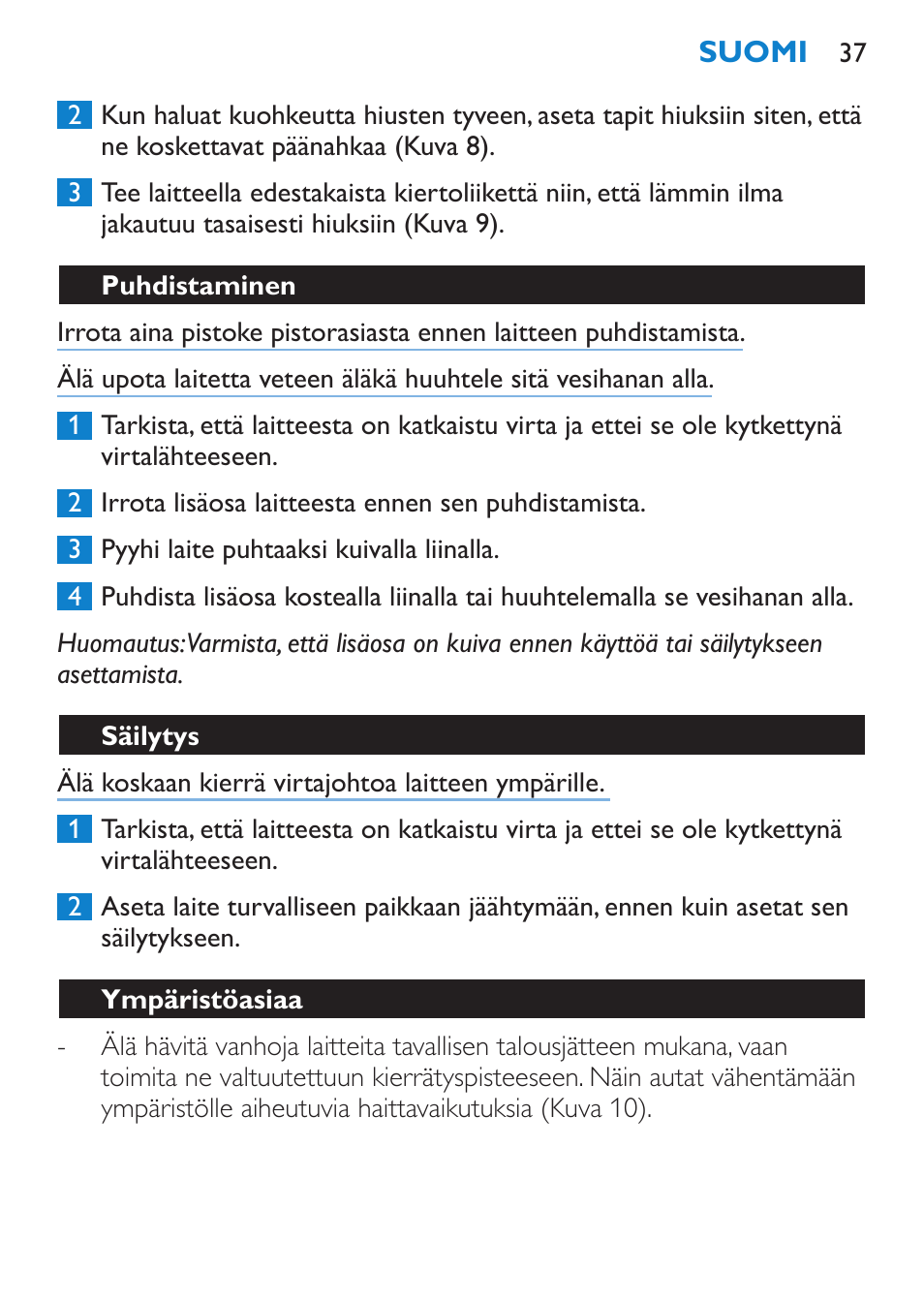 Puhdistaminen, Säilytys, Ympäristöasiaa | Takuu & huolto | Philips SalonDry Compact Haartrockner User Manual | Page 37 / 88