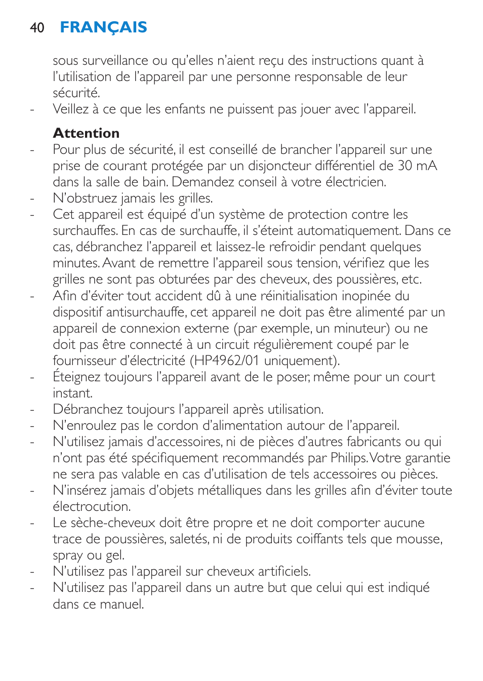 Attention | Philips SalonDry Compact Haartrockner User Manual | Page 40 / 88