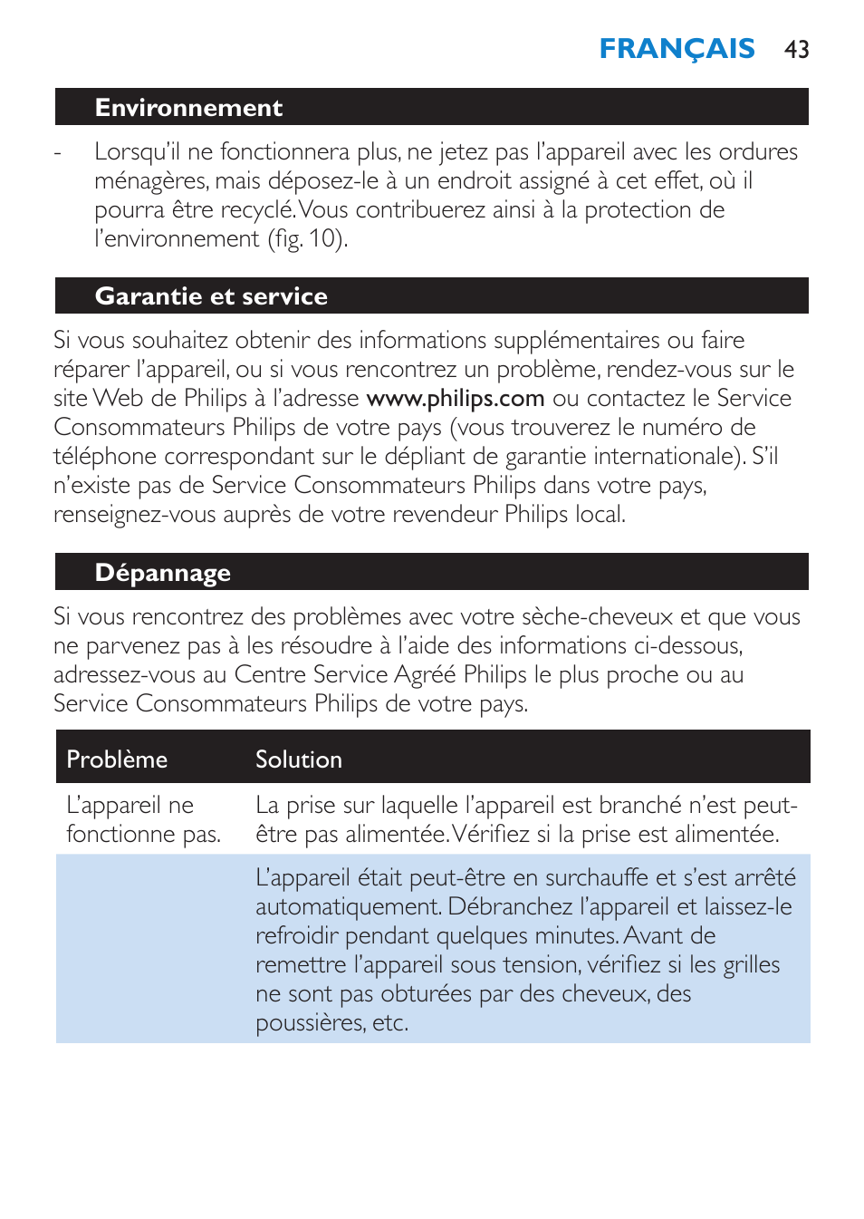 Environnement, Garantie et service, Dépannage | Philips SalonDry Compact Haartrockner User Manual | Page 43 / 88