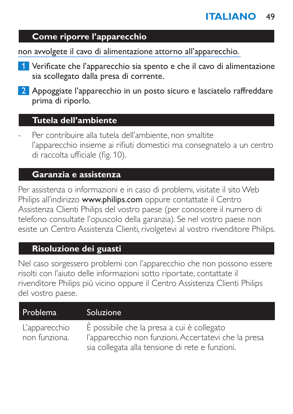 Tutela dell’ambiente, Garanzia e assistenza, Risoluzione dei guasti | Philips SalonDry Compact Haartrockner User Manual | Page 49 / 88