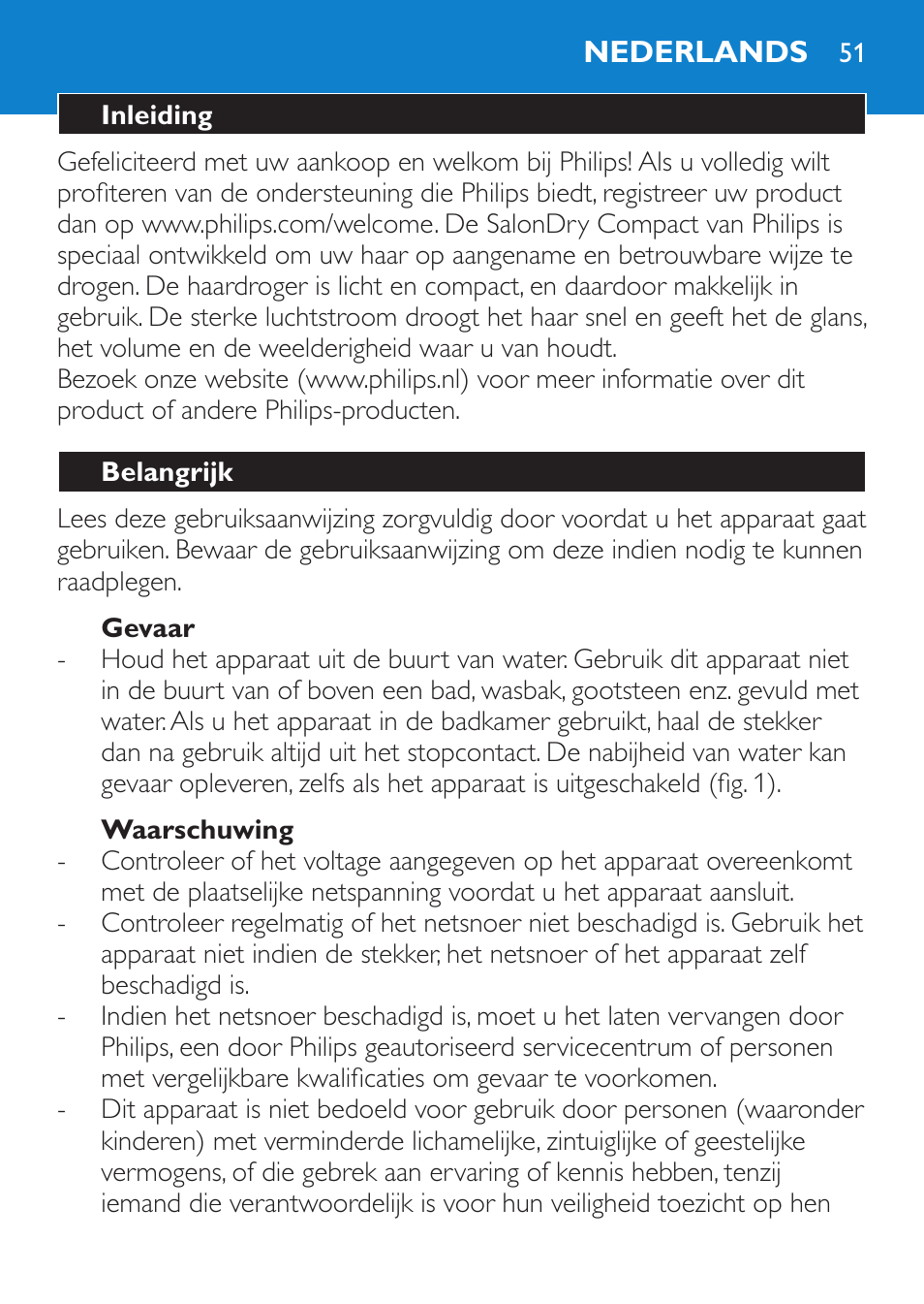 Gevaar, Waarschuwing, Nederlands | Inleiding, Belangrijk | Philips SalonDry Compact Haartrockner User Manual | Page 51 / 88