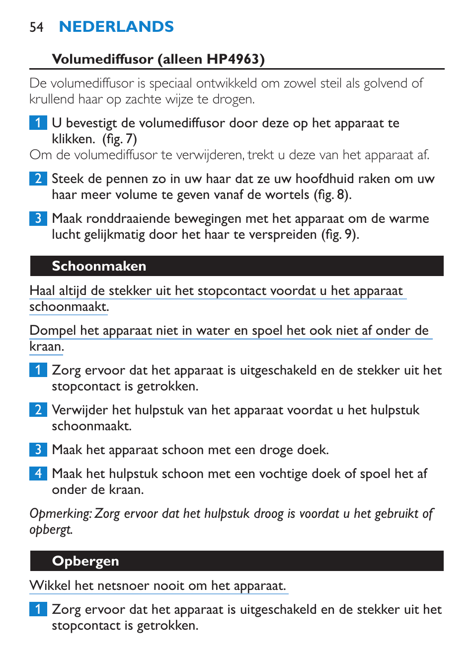 Volumediffusor (alleen hp4963), Schoonmaken, Opbergen | Philips SalonDry Compact Haartrockner User Manual | Page 54 / 88