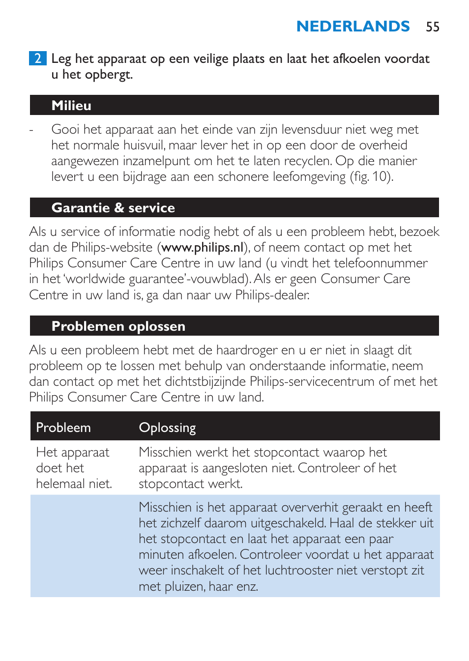 Milieu, Garantie & service, Problemen oplossen | Philips SalonDry Compact Haartrockner User Manual | Page 55 / 88