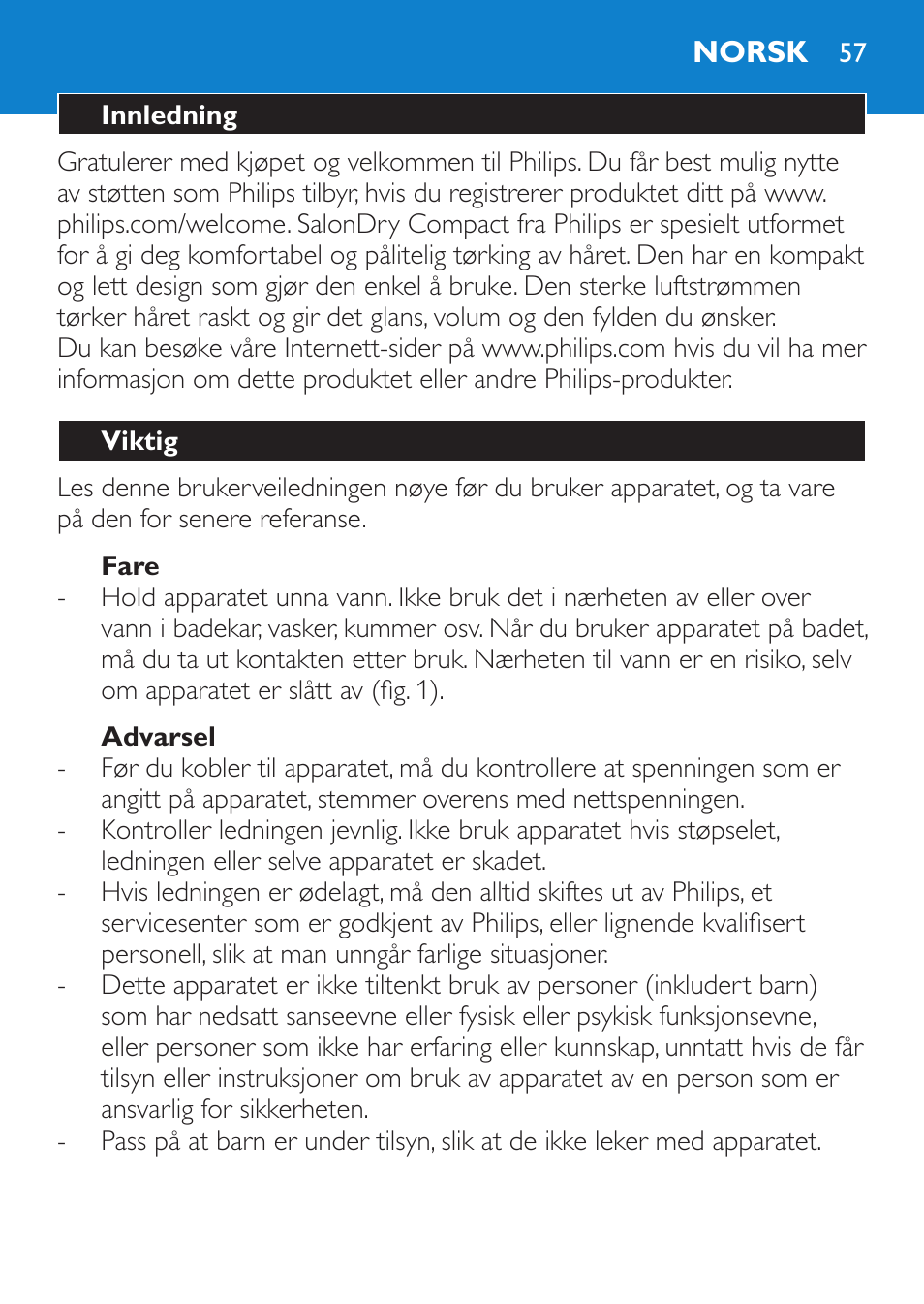 Fare, Advarsel, Norsk | Innledning, Viktig | Philips SalonDry Compact Haartrockner User Manual | Page 57 / 88