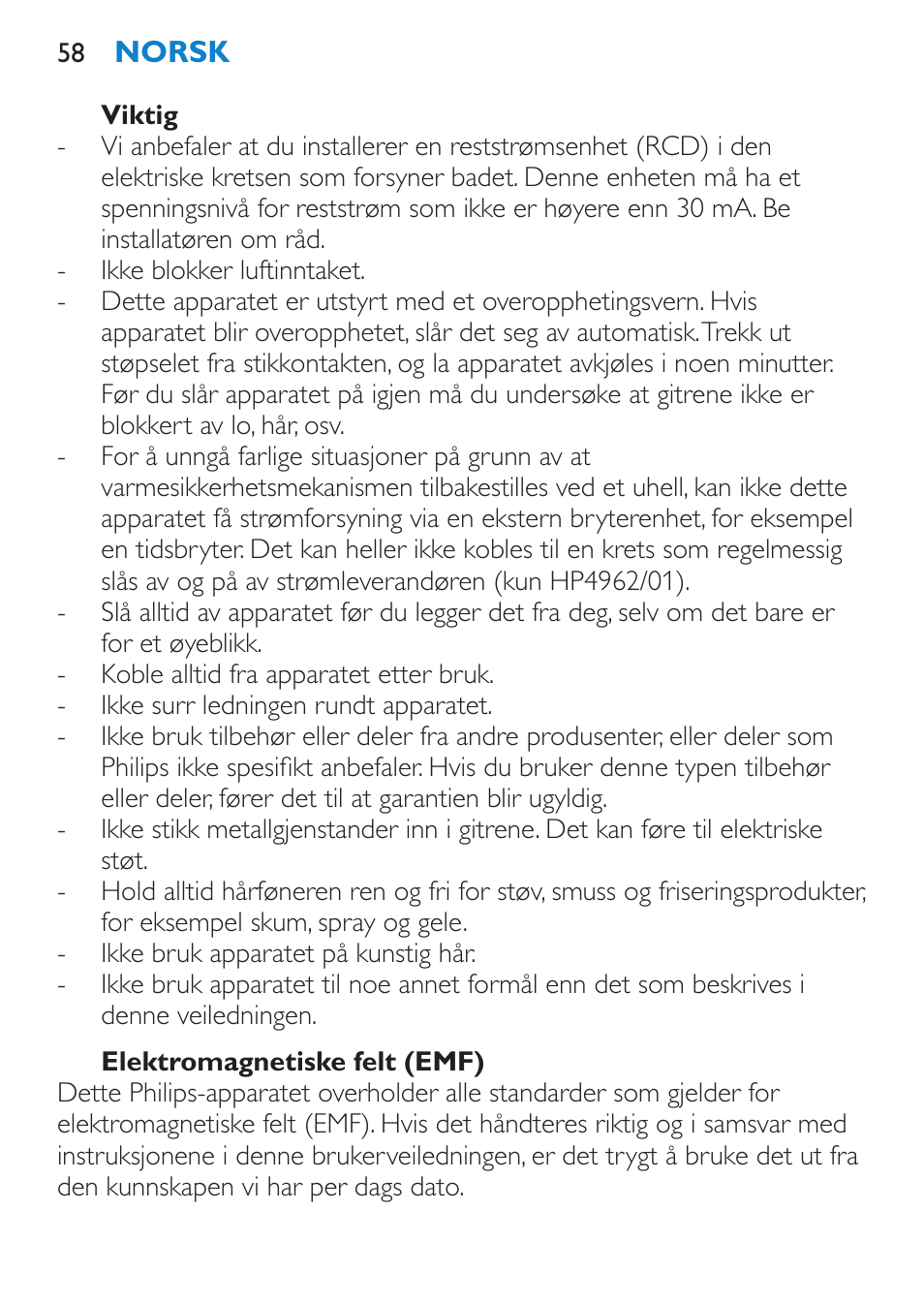 Viktig, Elektromagnetiske felt (emf) | Philips SalonDry Compact Haartrockner User Manual | Page 58 / 88