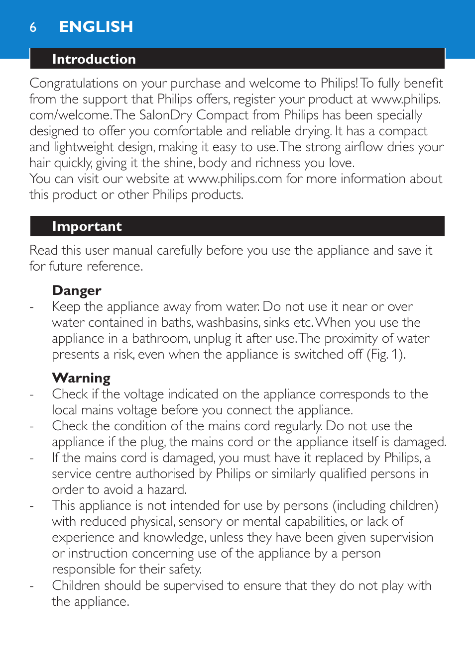 English, Introduction, Important | Danger, Warning | Philips SalonDry Compact Haartrockner User Manual | Page 6 / 88