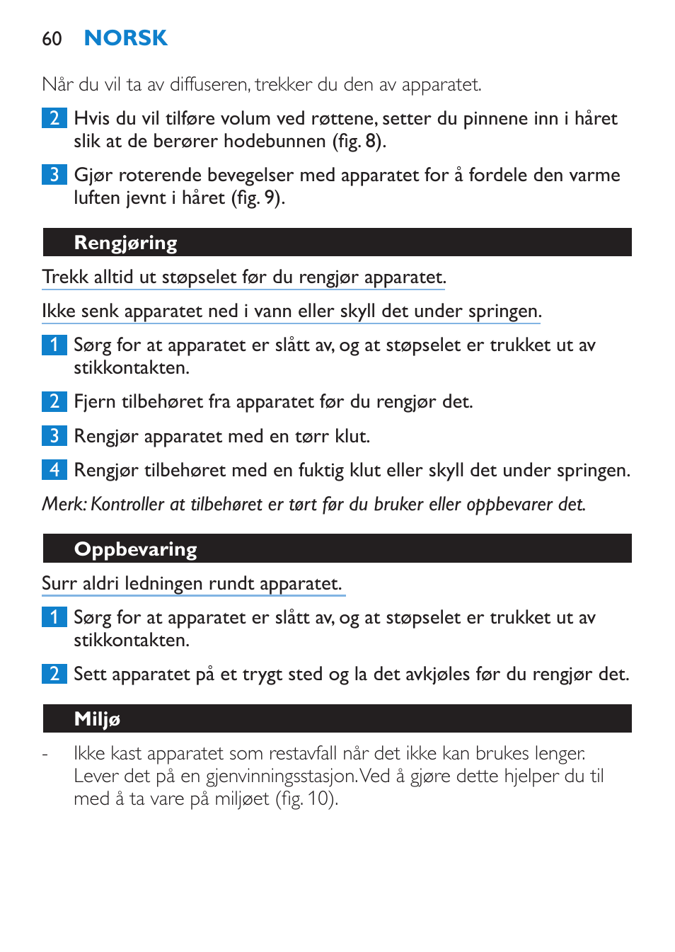 Rengjøring, Oppbevaring, Miljø | Philips SalonDry Compact Haartrockner User Manual | Page 60 / 88