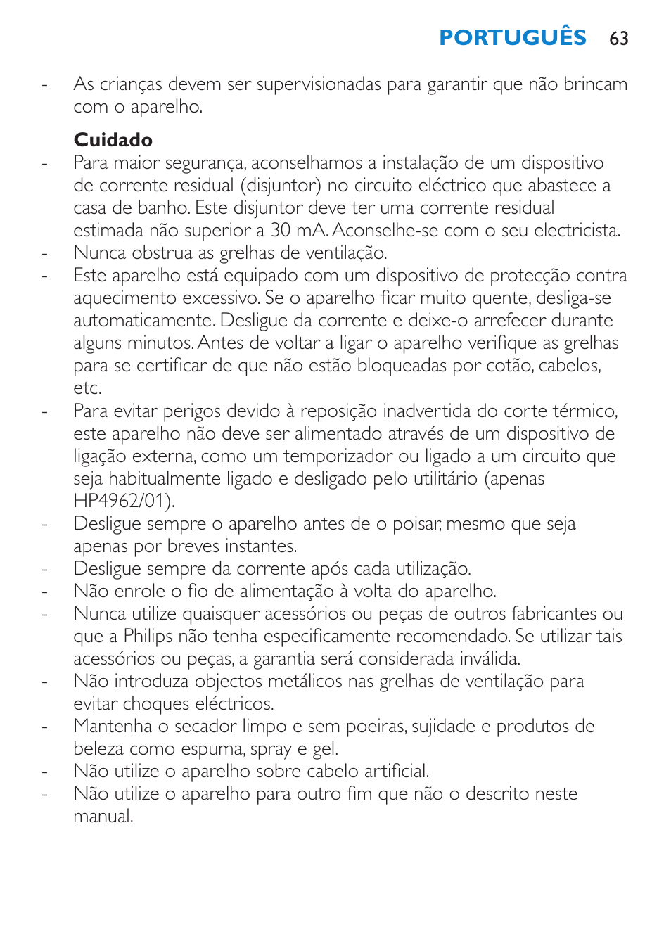 Cuidado | Philips SalonDry Compact Haartrockner User Manual | Page 63 / 88