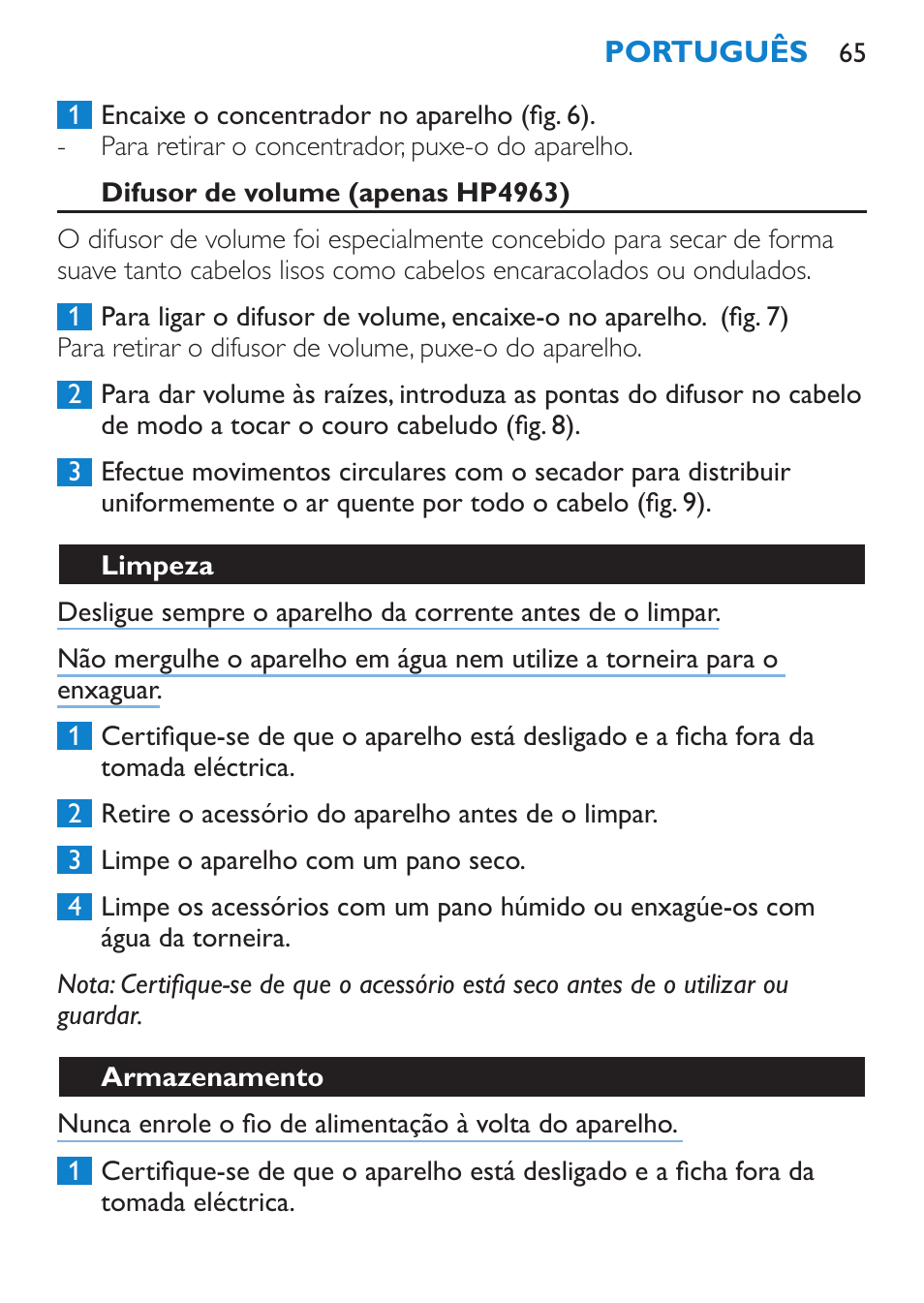 Difusor de volume (apenas hp4963), Limpeza, Armazenamento | Philips SalonDry Compact Haartrockner User Manual | Page 65 / 88