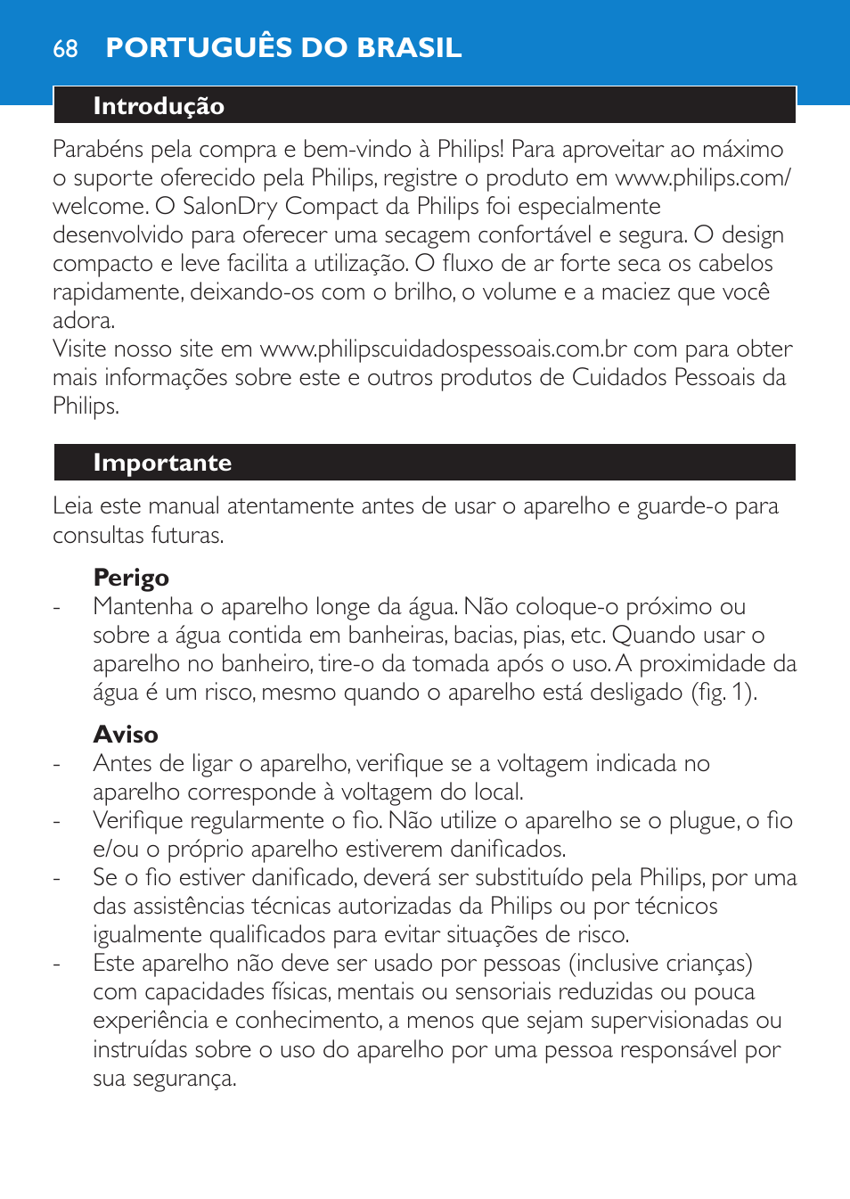 Perigo, Aviso, Português do brasil | Introdução, Importante | Philips SalonDry Compact Haartrockner User Manual | Page 68 / 88